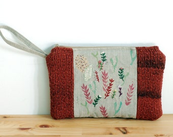 Maroon knitted and embroidered clutch - floral linen wool handbag - red handmade pouch