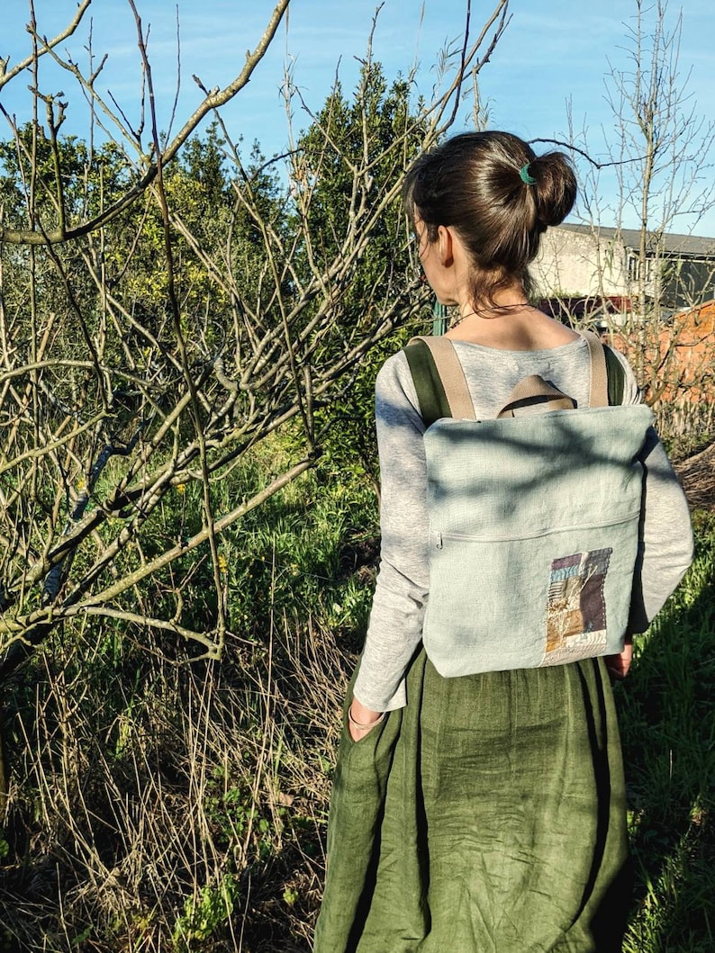 Nature inspired backpack Hand embroidered, patchwork women's backpack in sea foam linen daily medium backpack with bottom gusset image 2