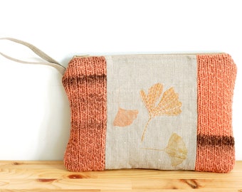 Ginkgo biloba leaves handbag - Coral wool and natural linen - wristlet purse - slow stitching clutch