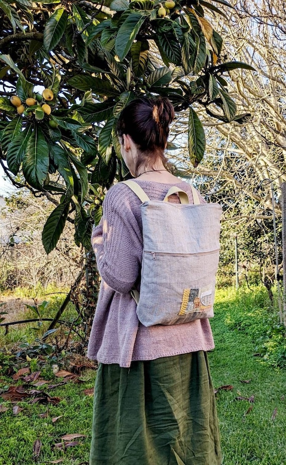 Linen Backpack: Embroidered Patchwork, Sustainable Re  display picture 1