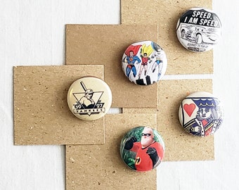 One Inch Pins / Buttons / 5 pack / party favors - super heros