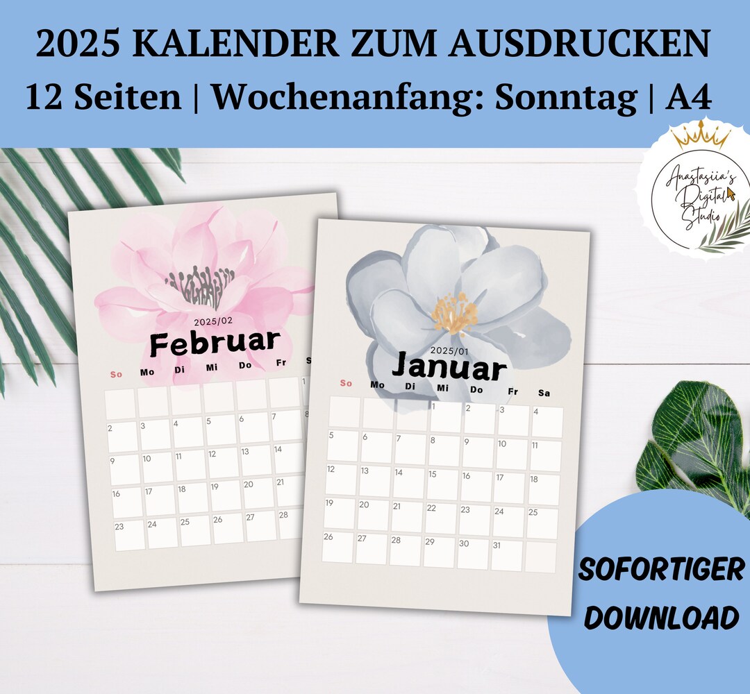  2025 Kalender Monatsplaner Pdf-format A4 Wochenanfang: Sonntag - Etsy 