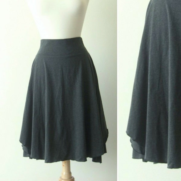 Womens Cotton Jersey Flutter Skirt knee length full swing skirt stretch cotton yoga waistband high waist charcoal grey - made to order