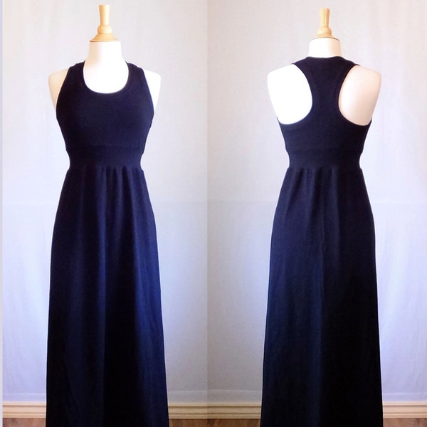 Black Maxi Dress Racer back floor length dress cotton jersey knit scoop neck empire waist ankle length racerback tank dress womens clothing