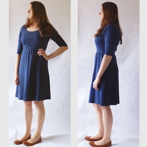 Cotton Day Dress, 3/4 long Sleeve, Empire waist dress, knee length, scoop neck, Women's navy blue dress, Casual knit dress - Made to Order