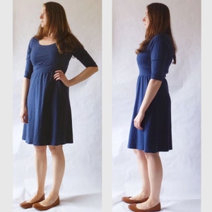 Cotton Day Dress, 3/4 long Sleeve, Empire waist dress, knee length, scoop neck, Women's navy blue dress, Casual knit dress - Made to Order