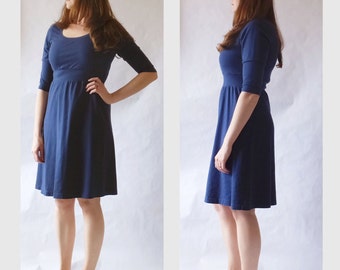 Womens Cotton Day Dress, 3/4 long Sleeve, Empire waist, knee length, scoop neck