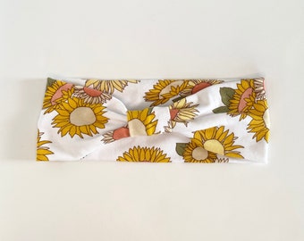 Sunflower Floral Print Headband, turban hair wrap, stretch cotton knit, yellow boho flower, knotted women's hair accessory, gift for her