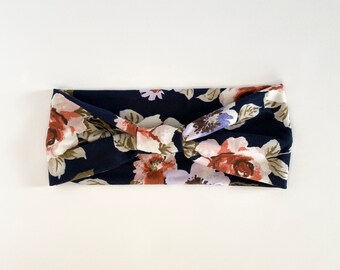 Navy Blue Flower Headband Floral print Yoga band boho women's hair accessory head wrap stretch brushed jersey gift for her