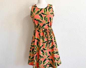 Size MEDIUM Womens Melon Leaf print Aline Swing tank Dress, Cotton jersey sleeveless shift, loose fit dresses, knee length, handmade