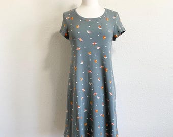 Size XLARGE Aline Dress, Sage Green Bird Print, Women’s Cotton jersey Short sleeve tshirt Dress, loose fit summer shift