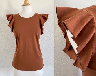 Women's Flutter Sleeve  Basic knit Top blouse cotton knit jersey shirt womens summer tshirt fitted tank top - Made to Order