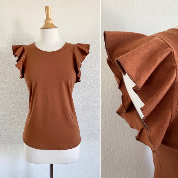 Women's Flutter Sleeve  Basic knit Top blouse cotton knit jersey shirt womens summer tshirt fitted tank top - Made to Order
