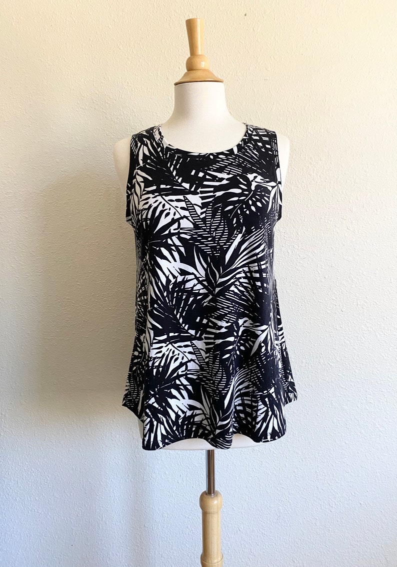 Size MEDIUM Black Palm leaf Print Swing Tank Top sleeveless knit tank loose fit cotton jersey shirt womens casual tank top Handmade image 4