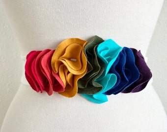 Rainbow Flower Petal Sash Stretch Cotton Belt Accessory Bridesmaid dress accessories bridal shower unicorn pride party - Made to Order