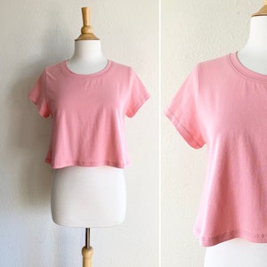 Size MEDIUM Rose Pink Crop Top, Cropped short sleeve shirt, Women's Basic loose fit tshirt, stretch cotton knit jersey, womans casual tee