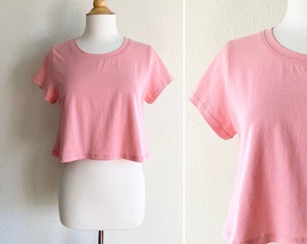 Size MEDIUM Cropped short sleeve top Rose Pink Women's Basic crop tshirt loose fit yoga fitness stretch cotton knit jersey woman summer tee