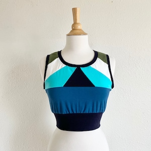 Blue Color blocked Cropped Tank Top Women&#39;s Basic Crop top with banded hem sleeveless cotton knit jersey yoga shirt  - Made to Order