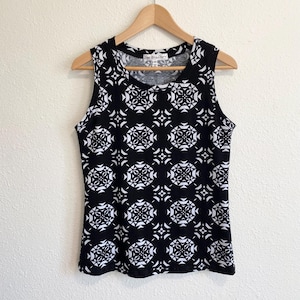 Size MEDIUM Black Geometric Print Basic Tank Top, sleeveless blouse, stretch cotton jersey knit shirt, womens casual fitted layer, handmade