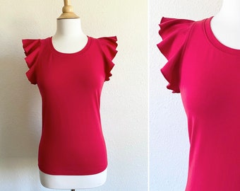 Size SMALL Red Women's Flutter Sleeve  Basic knit Top blouse cotton knit jersey shirt womens summer tshirt fitted tank top