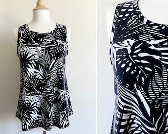 Black Palm leaf Print Swing Tank Top sleeveless knit tank loose fit cotton jersey shirt womens casual tank top layering basic Handmade