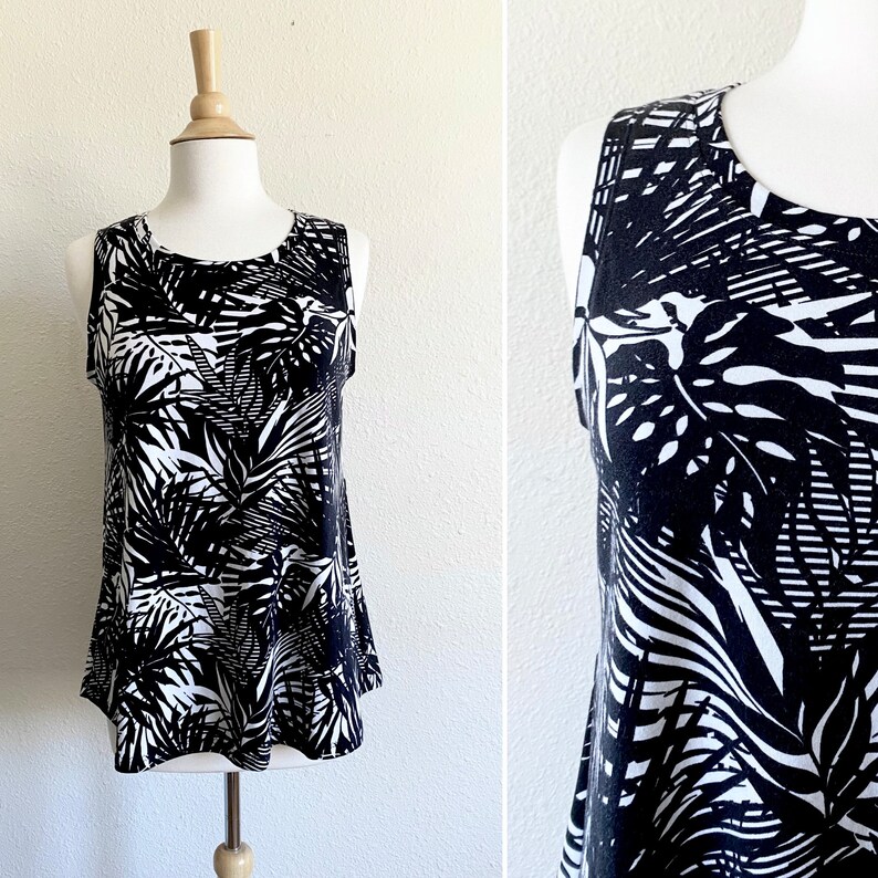 Size MEDIUM Black Palm leaf Print Swing Tank Top sleeveless knit tank loose fit cotton jersey shirt womens casual tank top Handmade image 1