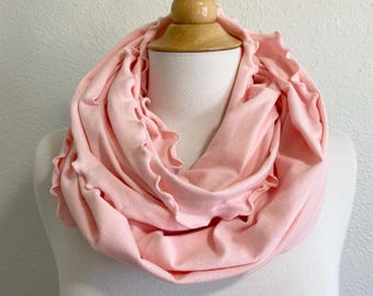 Blush Pink Ruffle Scarf, soft cotton jersey fabric infinity wrap
