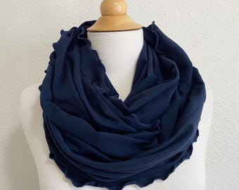 Womens Navy Blue Infinity Scarf, turquoise ruffle wrap, stretch cotton jersey knit, winter accessory