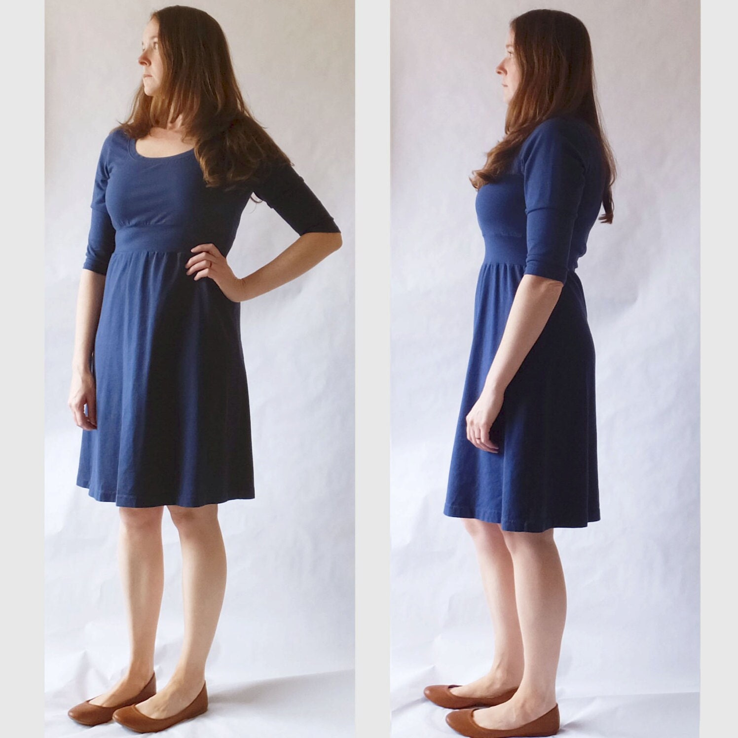 Cotton Day Dress, 3/4 Long Sleeve, Empire Waist Dress, Knee
