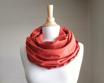 Orange Ruffle Scarf, Rust Infinity Scarf, Pumpkin scarf, cotton jersey fabric, stocking stuffer, gift for her, gift for mom - Ready to Ship