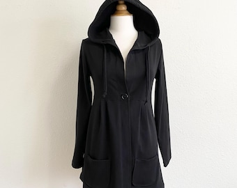 Tunic Length Hoodie, Long Sleeve Hooded Cardigan with a button, women's Lightweight jacket, stretch cotton knit