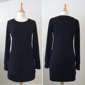 Long Sleeve Tunic Womens Mini Dress with side Pockets Cotton Jersey shirt banded hem scoop neck - Made to Order