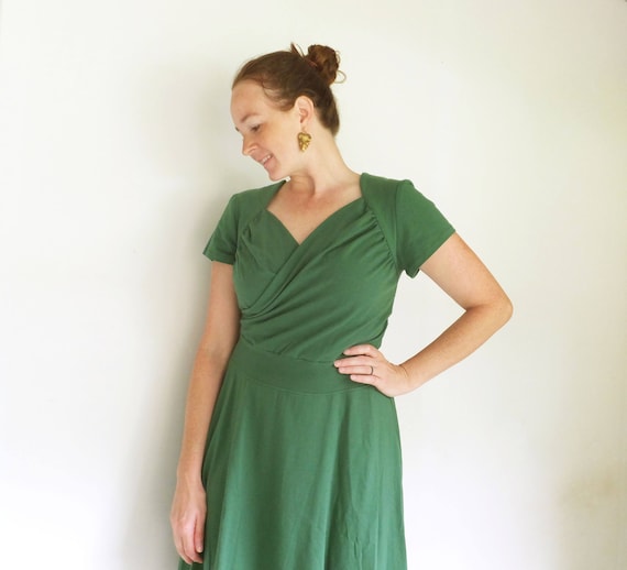Womens Dress Sweetheart Neckline, Crossover Vneck, Stretch Cotton Knit, Short Sleeve, Full Swing Skirt