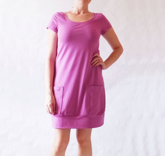 jersey knit tunic dress Short Sleeve Dress, Womens Mini with deep Pockets, stretch Cotton neckline:Collared