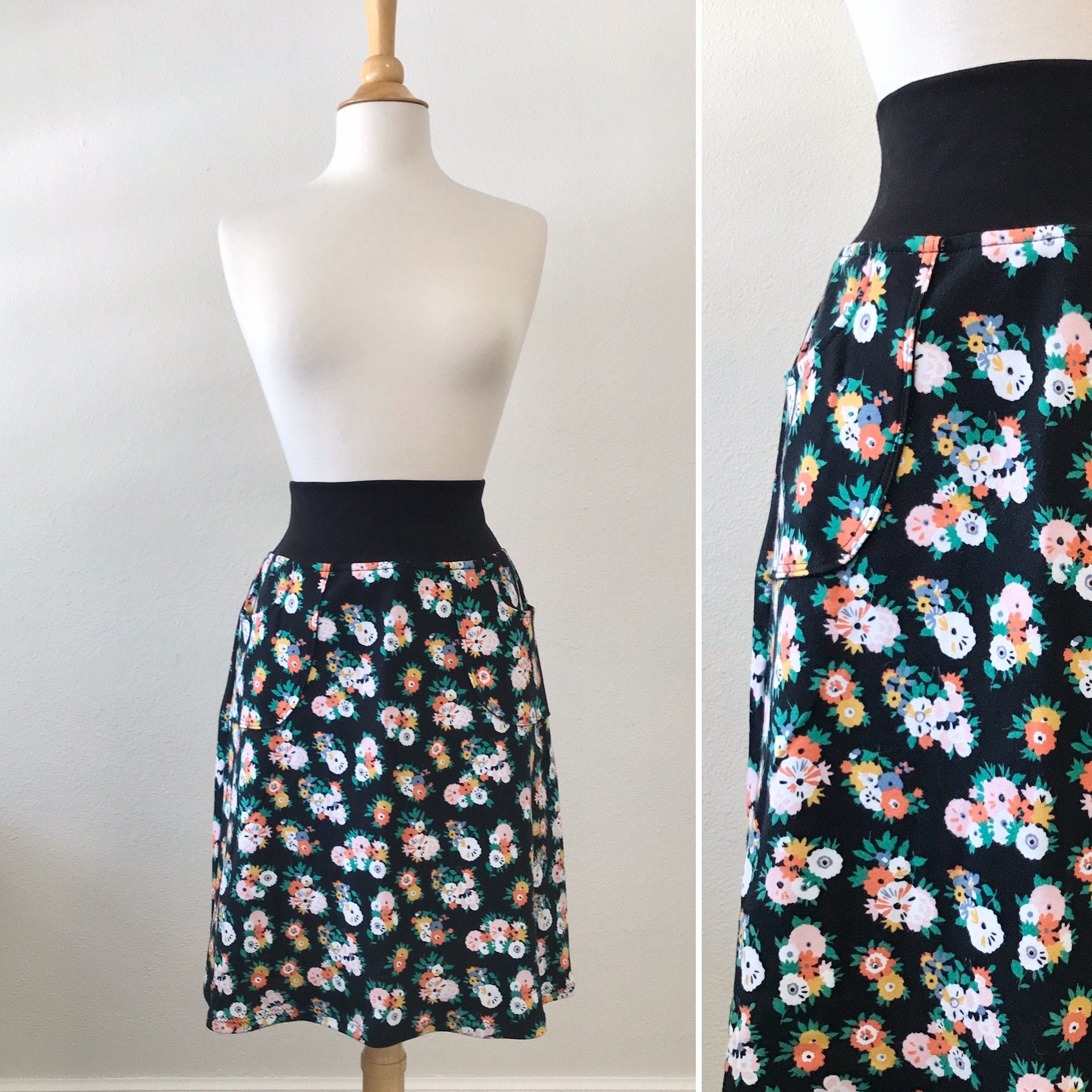 Size MEDIUM Black Floral Print Aline Skirt women's Cotton | Etsy