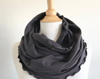 Slate Grey Ruffle Scarf, Infinity cowl wrap, soft cotton jersey, women’s lightweight winter accessories