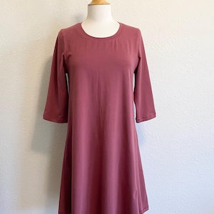 Womens Aline Dress, 3/4 long sleeves, loose fit knee length shift, round neckline, stretch cotton jersey, Made to Order in sizes XS to XXL