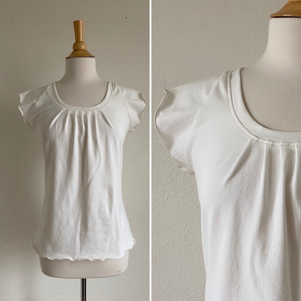 Womens Cap Sleeve stretch cotton knit Tshirt short sleeve blouse, loose fit shirt pleated scoop neck top simple basic jersey tee handmade
