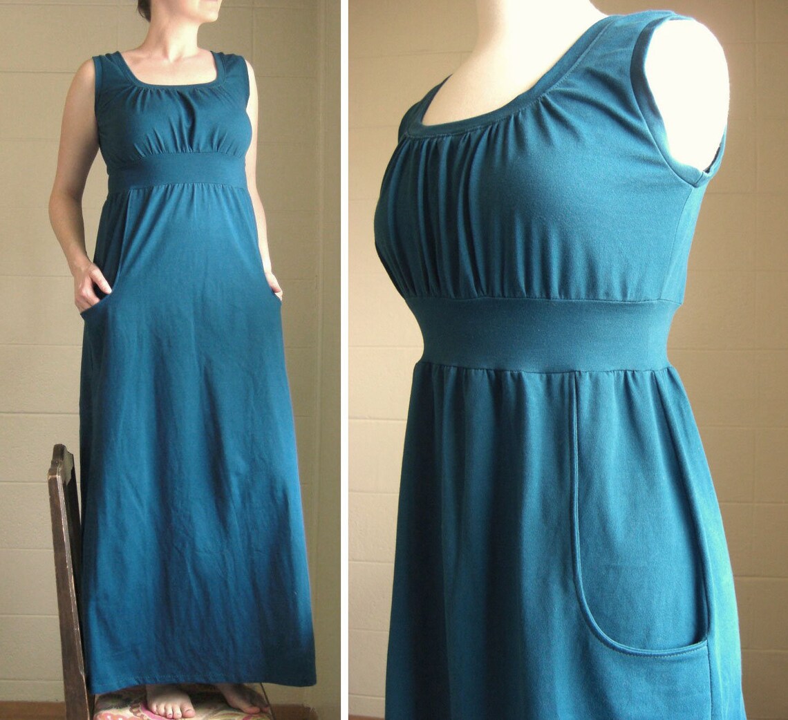 Womens Long Maxi Dress With Pockets Cotton Jersey Gathered Etsy