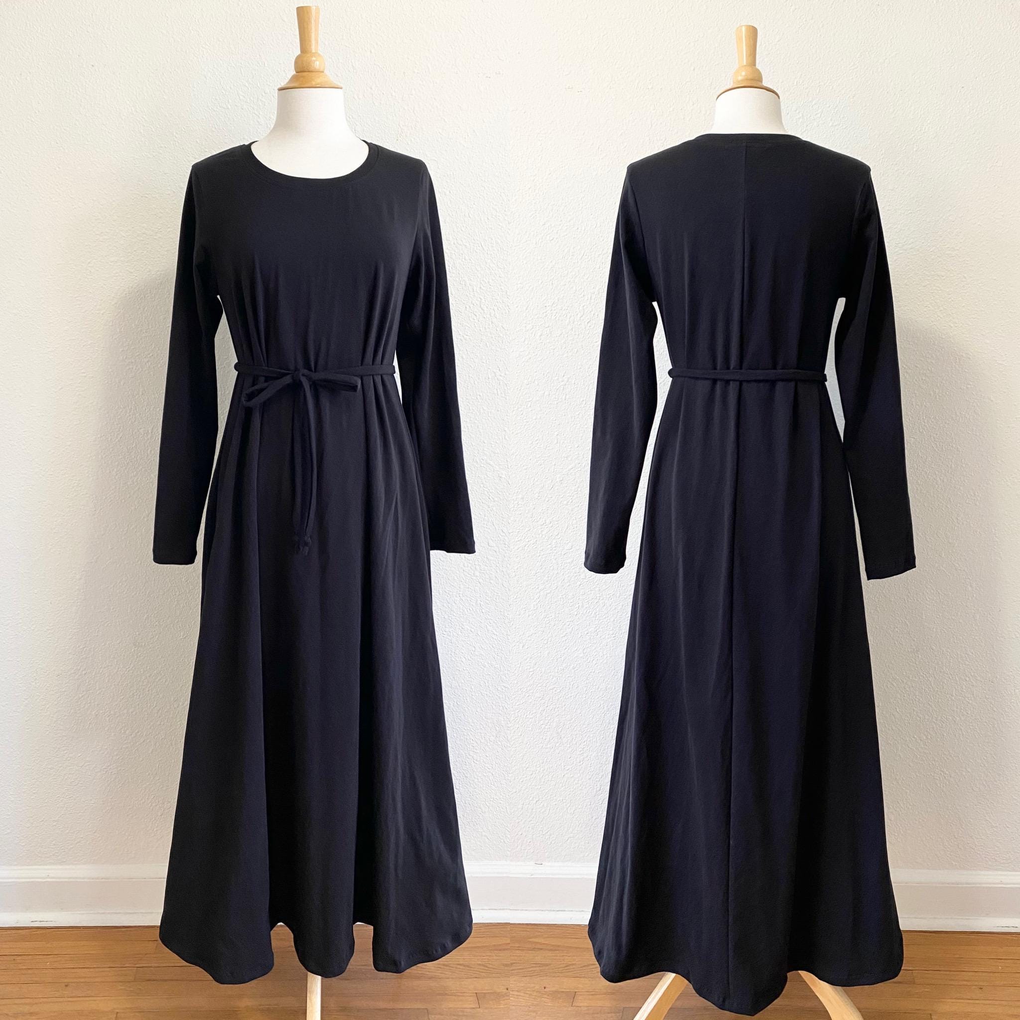 long sleeve jersey swing dress Womens Maxi Dress, style with sash, floor length, Stretch Cotton body positive