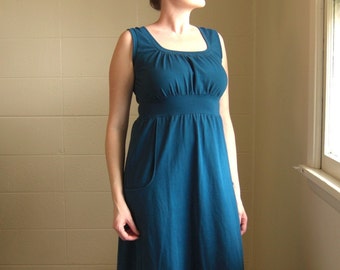 Womens Long Maxi Dress with Pockets, cotton jersey gathered front scoop neck empire waist dress stretch cotton maxi tank dress made to order