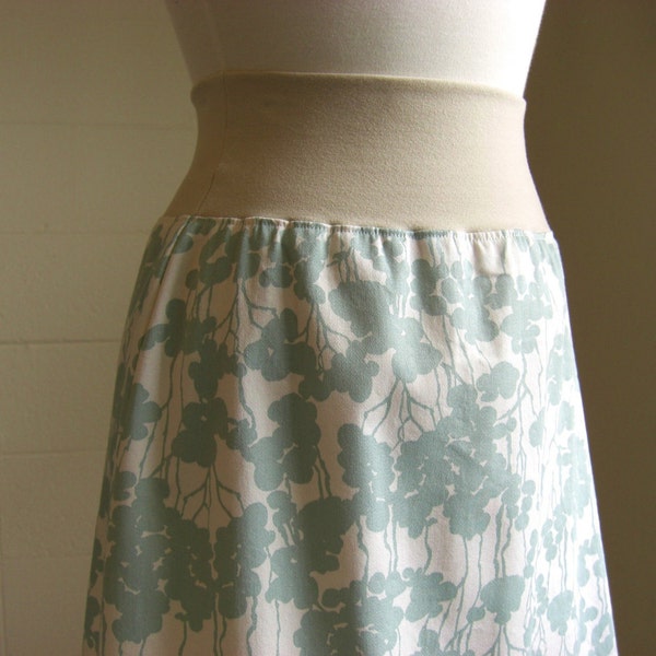 SALE size Medium Cotton Aline Skirt in Sea Blue and Cream Floral Print Stretch Cotton botanical print light blue skirt maternity skirt