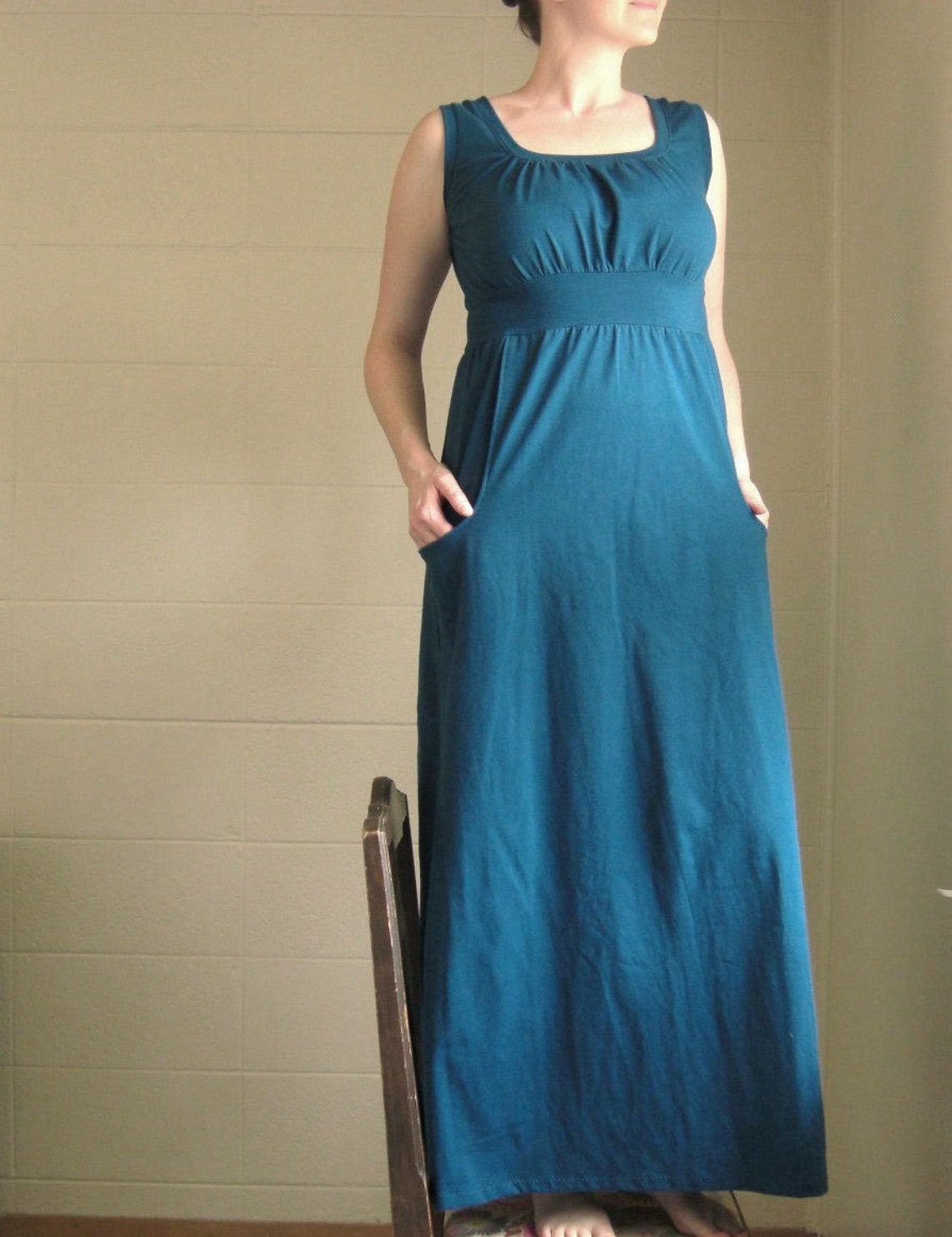 Womens Long Maxi Dress With Pockets Cotton Jersey Gathered Etsy