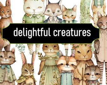 Delightful Creatures - Digital Art Dolls Collection  - Large Digital Printable Paper Doll Fussy Cuts / Junk Journal / Scrapbook / Ephemera