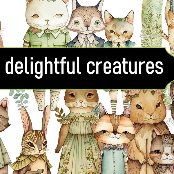 Delightful Creatures - Digital Art Dolls Collection  - Large Digital Printable Paper Doll Fussy Cuts / Junk Journal / Scrapbook / Ephemera