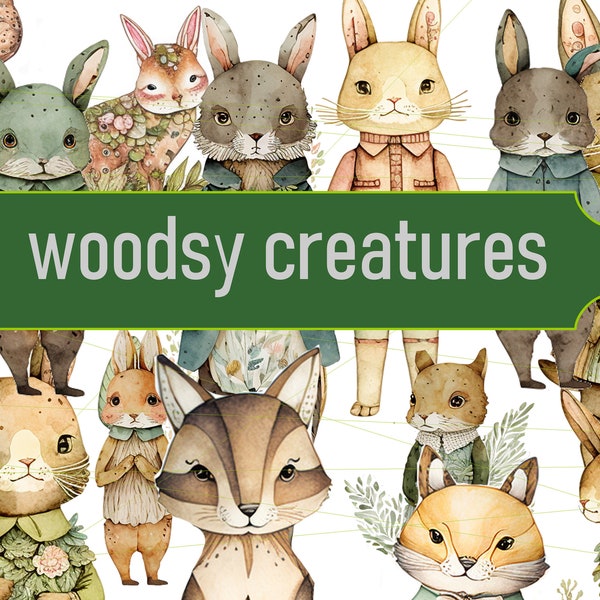 Woodsy Creatures - Digital Art Dolls Collection  - Large Digital Printable Paper Doll Fussy Cuts / Junk Journal / Scrapbook / Ephemera