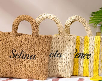 カスタムビーチトートバッグ、ビーチストローバッグ、名前刺繍入りビーチバッグ、ブライズメイドバッグ、独身最後のパーティー用ビーチバッグ、ブライズメイドギフト