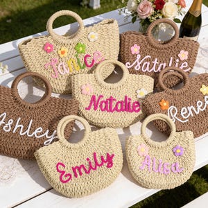 Personalized Straw Bridesmaid Handbag,Beach Bag,Bridesmaid Gift,Crochet Handwoven Khaki Beige image 17