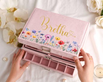 Custom Velvet Jewelry Box ,Name Jewelry Box with Flowers,Large Jewelry Organizer with Drawer,Women Storage Box,Jewelry Display,Gift for Her