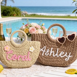 Personalized Straw Bridesmaid Handbag,Beach Bag,Bridesmaid Gift,Crochet Handwoven Khaki Beige image 19